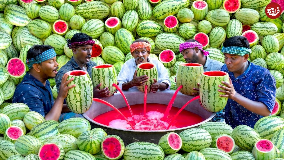 ببینید؛ غذای روستایی در هند؛ برداشت هندوانه و تهیه آب هندوانه در طبیعت