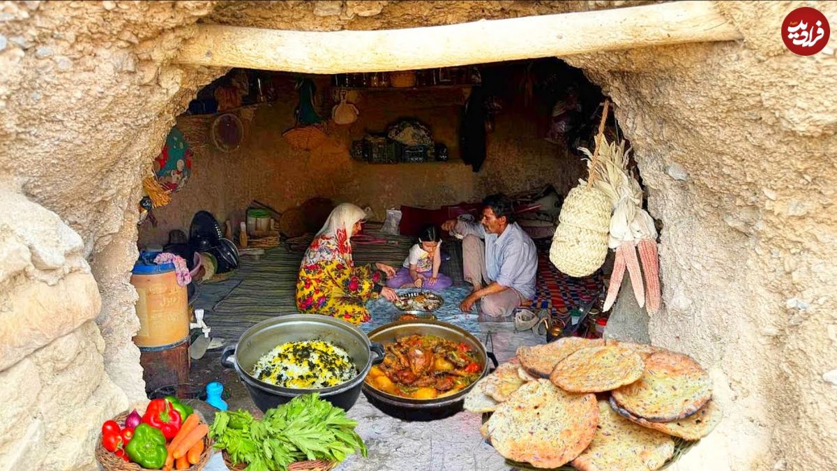 ببینید؛ غذای عشایری در ایران؛ پخت زرشک پلو با مرغ و نان تنوری در غار
