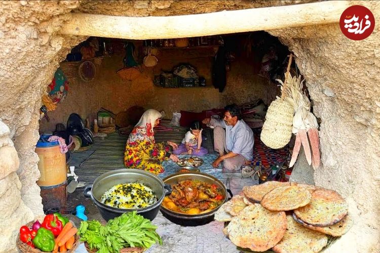 ببینید؛ غذای عشایری در ایران؛ پخت زرشک پلو با مرغ و نان تنوری در غار
