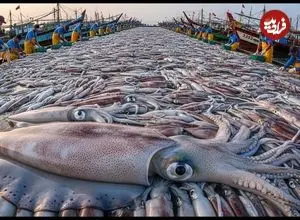 ببینید| چگونه کره ای ها صدها تن ماهی مرکب را صید، فرآوری و بسته بندی می کنند؟