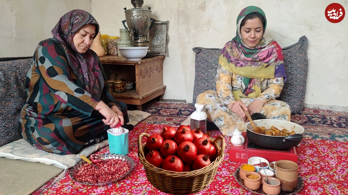 ببینید| غذای روستایی در ایران؛ پخت مرغ ناردونی در روستایی کوهستانی