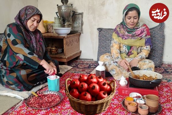 ببینید| غذای روستایی در ایران؛ پخت مرغ ناردونی در روستایی کوهستانی