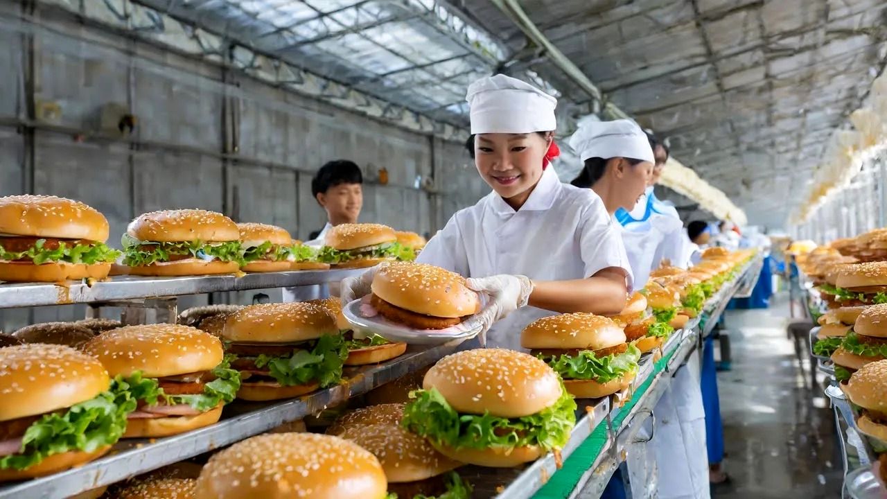 (ویدئو) عملیات دیدنی آماده سازی هزاران ساندویچ همبرگر در کارخانه
