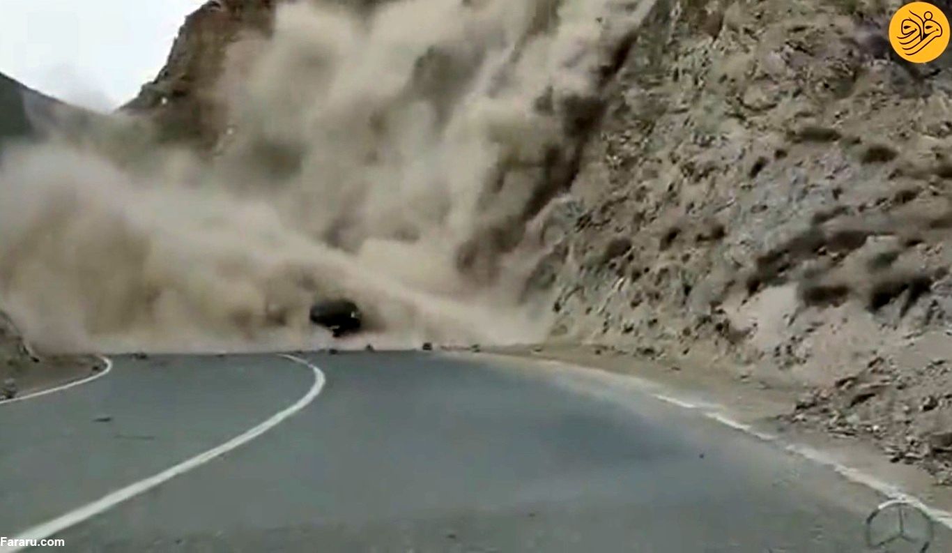 (ویدئو) فرار باورنکردنی یک خودرو از ریزش کوه