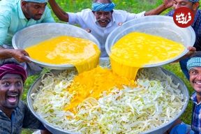 ببینید؛ غذای روستایی در هند؛ پخت املت کلم و هویج توسط پدر و پسران روستایی