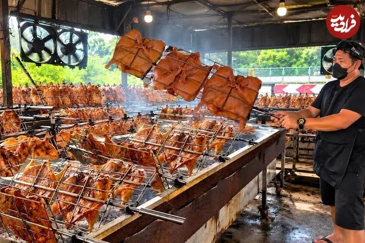 ببینید| غذای خیابانی در تایلند؛ مراحل دیدنی کباب کردن اردک روی آتش در بانکوک