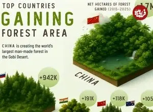 کشورهایی که در یک دهه اخیر بیشترین افزایش مساحت جنگل را داشته‌‌اند + اینفوگرافی