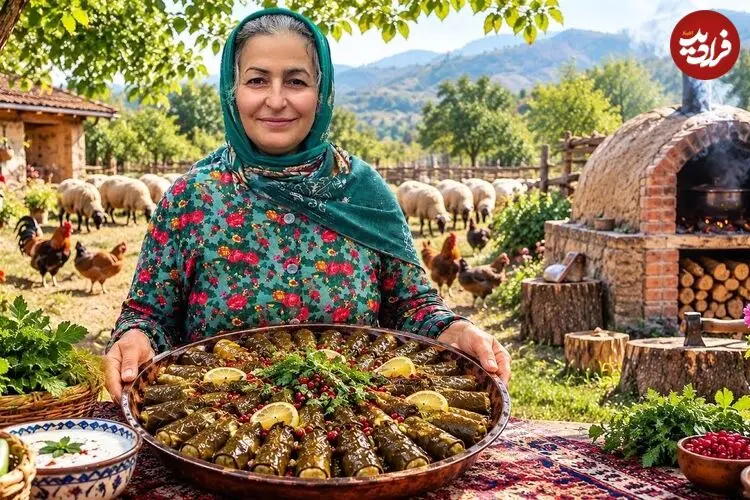 ببینید| غذای روستایی در ایران؛ پخت دلمه با برگ مو در روستایی زیبا