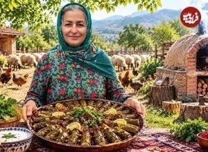 ببینید| غذای روستایی در ایران؛ پخت دلمه با برگ مو در روستایی زیبا