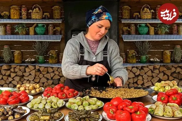 ببینید| غذای روستایی در آذربایجان؛ تهیه دلمه با بادمجان، فلفل و گوجه فرنگی در کوهستان