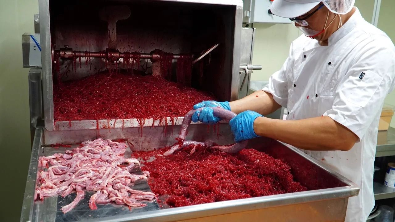 (ویدئو) کره ای ها چگونه هزاران کیلو سوسیس خون را در کارخانه تولید می کنند؟