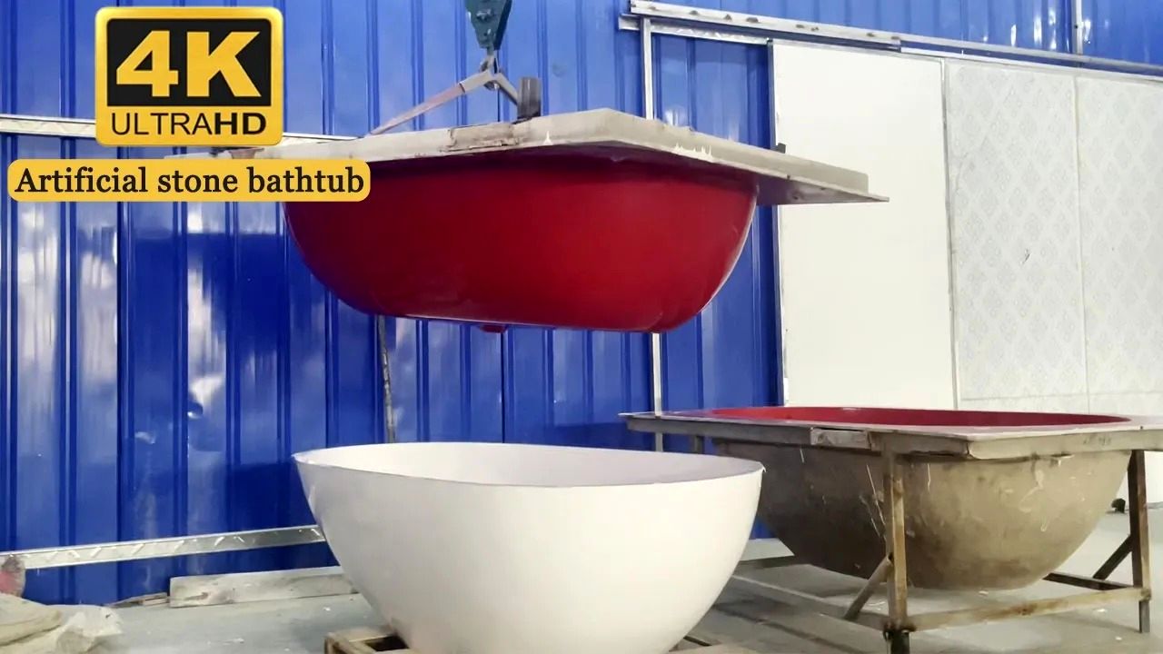 (ویدئو) فرآیند ساخت وان حمام از سنگ مصنوعی 500 کیلوگرمی