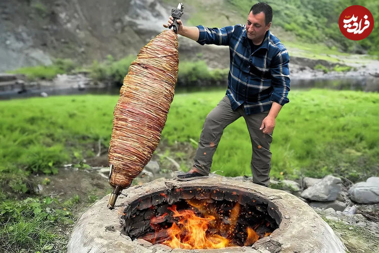 (ویدئو) پخت کوکورِچ کبابی با هزار متر روده بره به روش روستایی باکویی