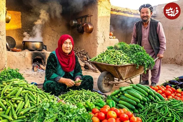 ببینید| غذای روستایی در افغانستان؛ پخت خوراک بامیه توسط زوج مسن افغان