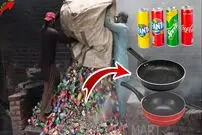 (ویدئو) ببینید پاکستانی ها چگونه با قوطی فلزی نوشابه، دیگ و ماهیتابه تولید می کنند