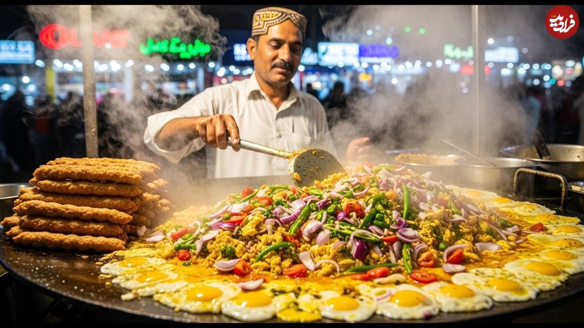 ببییند| غذای خیابانی در هند؛ پخت املت با گوجه و پیاز در بمبئی