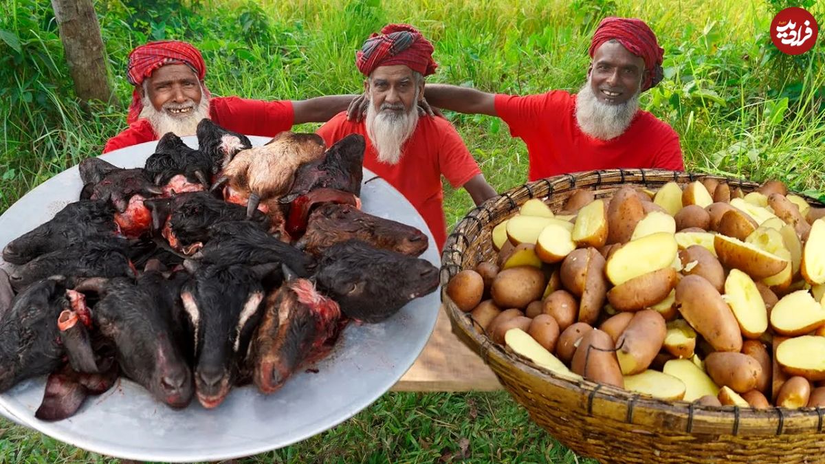 (ویدئو) غذای روستایی؛ پخت کاری 15 کله پاچه بز توسط این 3 پدربزرگ روستایی هندی