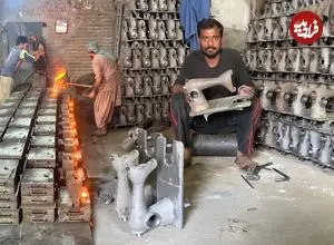 ببینید| فرآیند تولید چرخ خیاطی به روش سنتی در کارگاهی در پاکستان