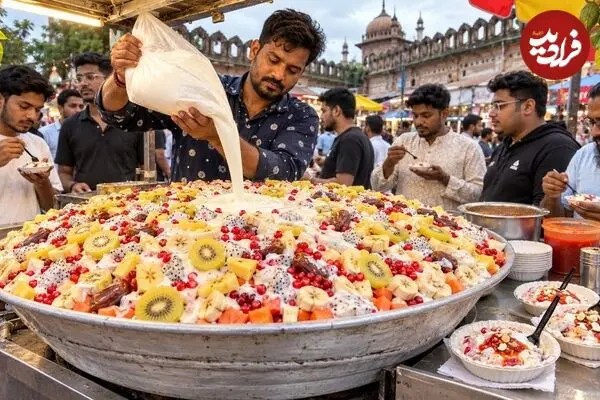 ببینید| غذای خیابانی در هند؛ تهیه معجون با آناناس، انار، موز و ... در اوتار پرادش