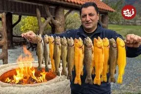 ببینید| غذای روستایی در آذربایجان؛ صید ماهی قزل آلا و کباب کردن آن در طبیعت