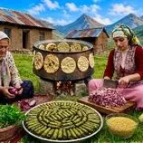 ببینید| غذای روستایی در ایران؛ پخت دلمه برگ مو و تهیه نان سنتی در دیگی بزرگ