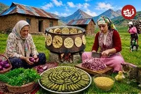 ببینید| غذای روستایی در ایران؛ پخت دلمه برگ مو و تهیه نان سنتی در دیگی بزرگ
