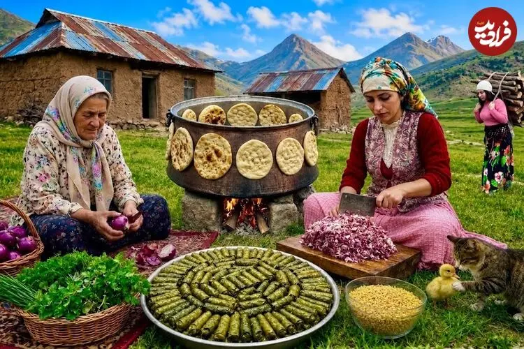ببینید| غذای روستایی در ایران؛ پخت دلمه برگ مو و تهیه نان سنتی در دیگی بزرگ