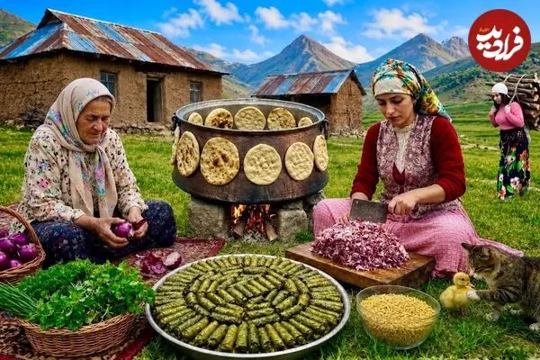 ببینید| غذای روستایی در ایران؛ پخت دلمه برگ مو و تهیه نان سنتی در دیگی بزرگ