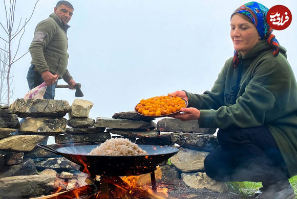 (ویدئو) غذای روستایی در آذربایجان؛ پخت چلو گوشت در طبیعت