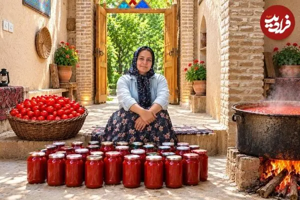 ببینید| غذای روستایی در ایران؛ پخت رب گوجه فرنگی خانگی و پیراشکی با مرغ و گوشت