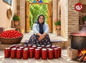 ببینید| غذای روستایی در ایران؛ پخت رب گوجه فرنگی خانگی و پیراشکی با مرغ و گوشت