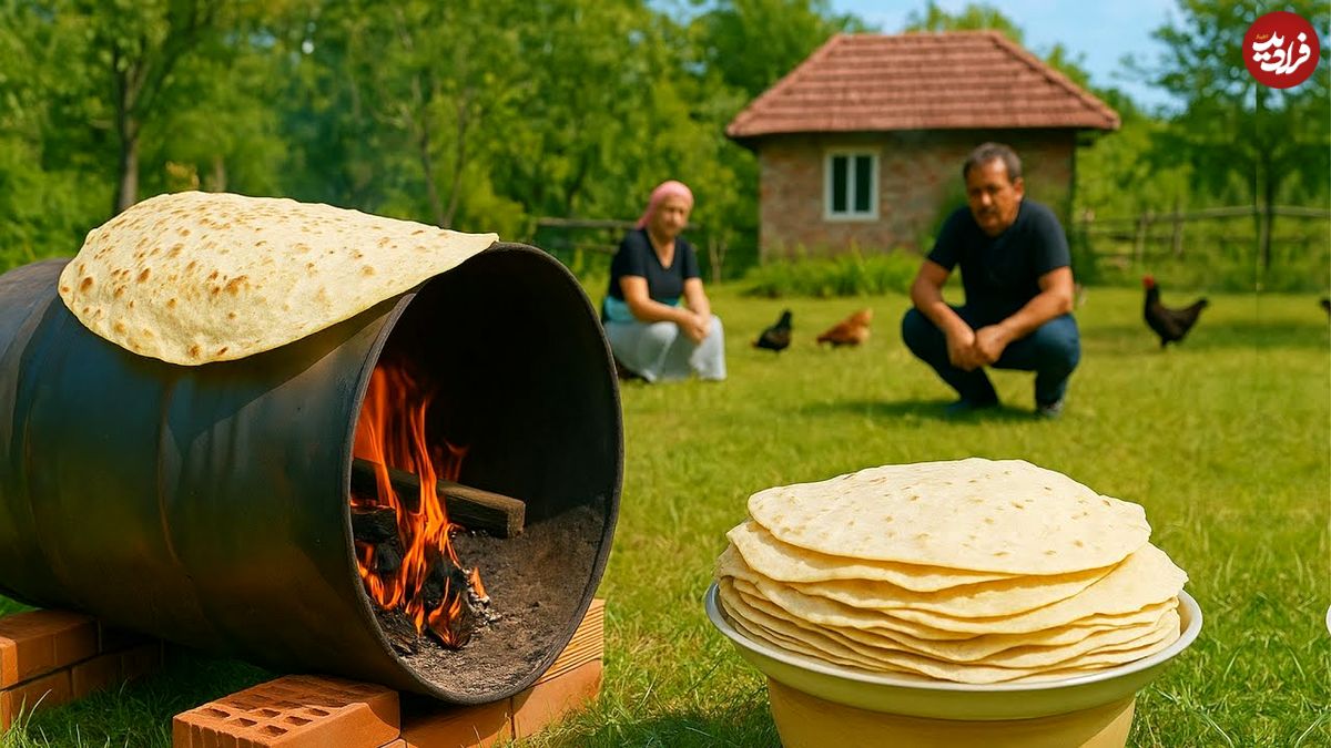 ببینید؛ غذای روستایی در آذربایجان؛ پخت نان لواش روی بشکه در طبیعت