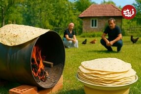 ببینید؛ غذای روستایی در آذربایجان؛ پخت نان لواش روی بشکه در طبیعت