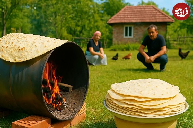 ببینید؛ غذای روستایی در آذربایجان؛ پخت نان لواش روی بشکه در طبیعت