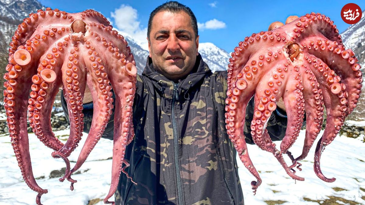 ببینید؛ غذای روستایی در آذربایجان؛ پخت هشت پا با سبزیجات در کوهستان
