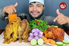 ببینید| غذا خوردن با صدا؛ خوردن 4 کیلو ماهی و مرغ کبابی به روش جوان بنگلادشی