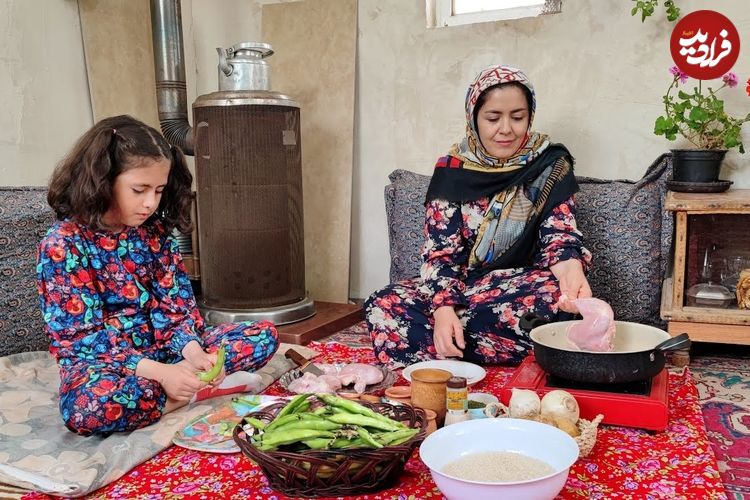 ببینید؛ غذای روستایی در ایران؛ نحوه پخت باقالی پلو با مرغ زعفرانی