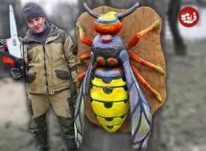 ببینید| ساخت مجسمه غول پیکر چوبی زنبور با اره برقی به روش نجار اوکراینی