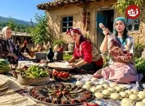 ببینید| غذای روستایی در ایران؛ پخت دلمه با گوشت چرخ کرده، بادمجان و فلفل دلمه رنگی