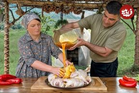ببینید؛ غذای روستایی در آذربایجان؛ تهیه مرغ کبابی در طبیعت