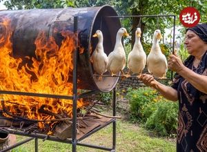 ببینید| غذای روستایی در آذربایجان؛ کباب اردک در بشکه در طبیعت زیبای روستا