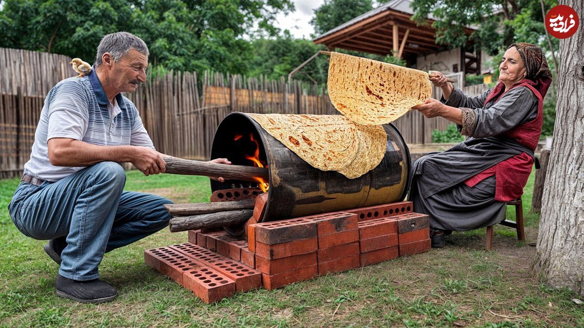 ببینید؛ غذای روستایی در آذربایجان؛ تهیه جوجه کباب و پخت نان سنتی روی بشکه در روستایی کوهستانی