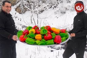 ببینید| غذای روستایی در آذربایجان؛ پخت یک املت متفاوت با فلفل دلمه ای و گوجه