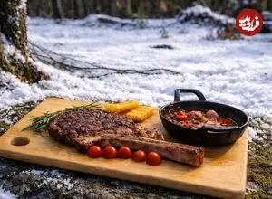 ببینید| غذای روستایی در آمریکا؛ پخت استیک روی آتش و در هوای برفی جنگل