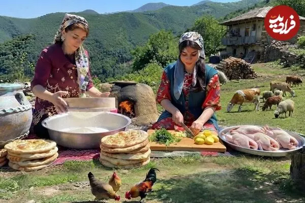 ببینید| غذای روستایی در ایران؛ پخت یک غذای سنتی با اردک و پخت نان تافتون