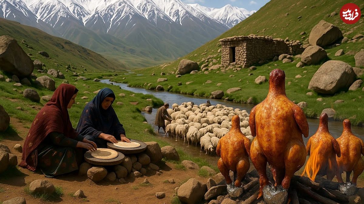 ببینید؛ غذای روستایی در افغانستان؛ مرغ کبابی در دامنه کوه به سبک بانوی عشایر