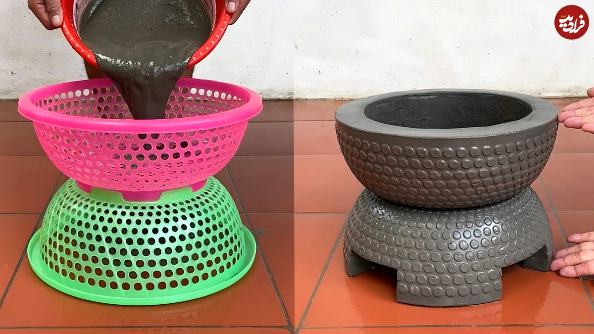 ببینید؛ نحوه ساخت یک گلدان کم هزینه با سیمان و سبد پلاستیکی به روش استاد چینی