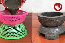 ببینید؛ نحوه ساخت یک گلدان کم هزینه با سیمان و سبد پلاستیکی به روش استاد چینی