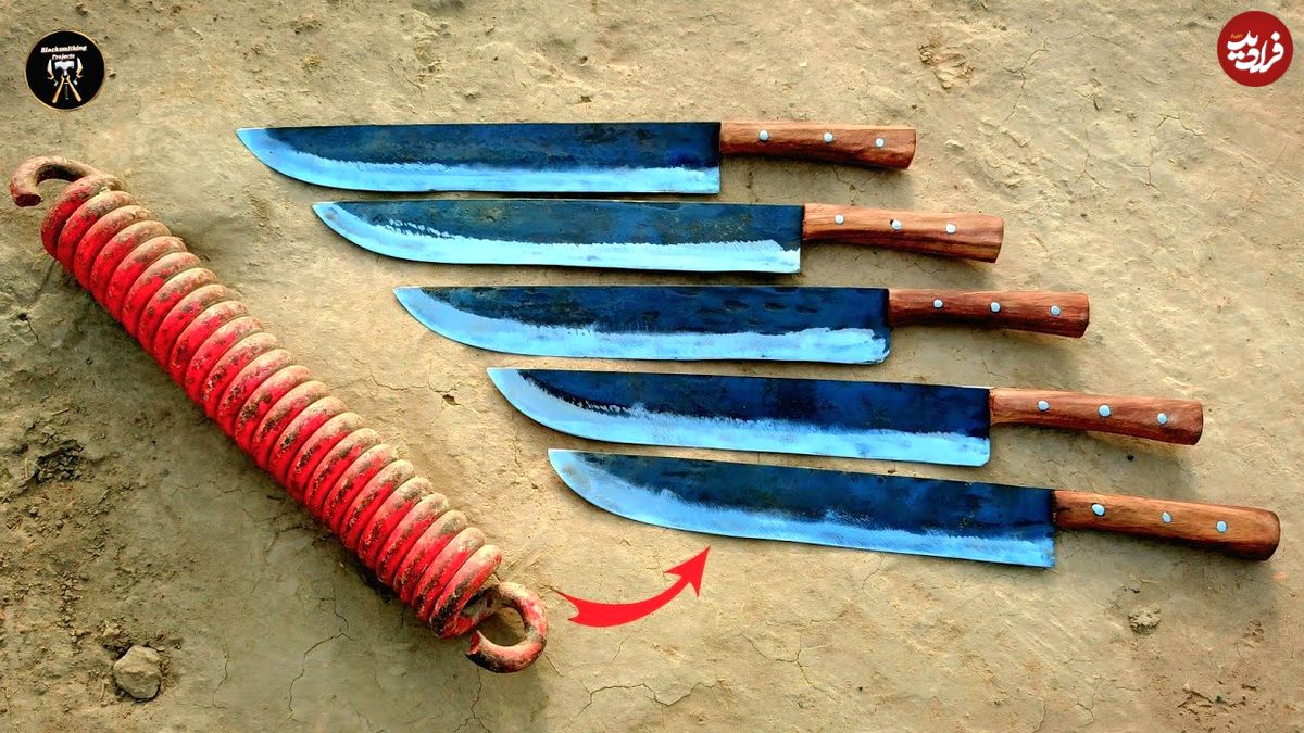 ببینید؛ مراحل دیدنی ساخت 5 چاقو با یک فنر قدیمی و زنگ زده