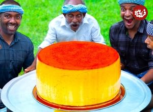 ببینید| غذای روستایی در هند؛ پخت کیک کاراملی بزرگ در طبیعت روستا